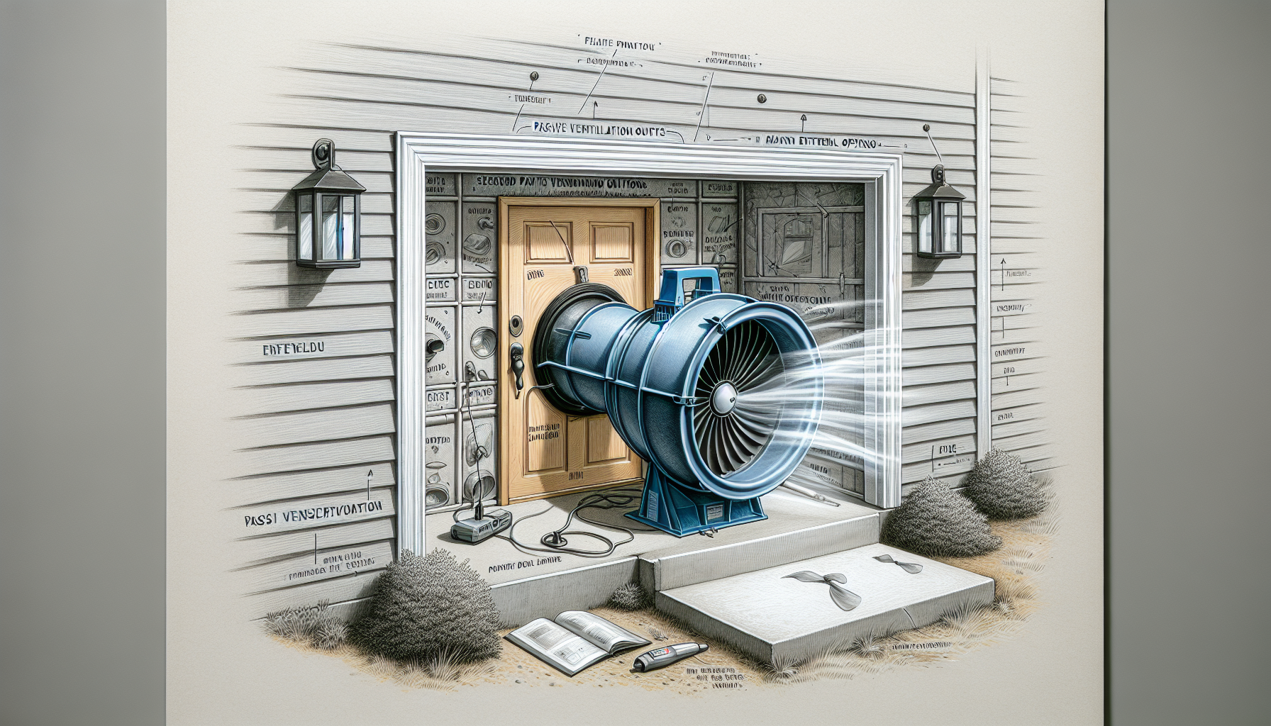 Illustration of a blower door test process