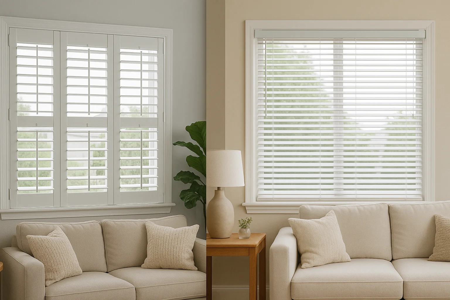"Side-by-side comparison of roller blinds and plantation shutters"