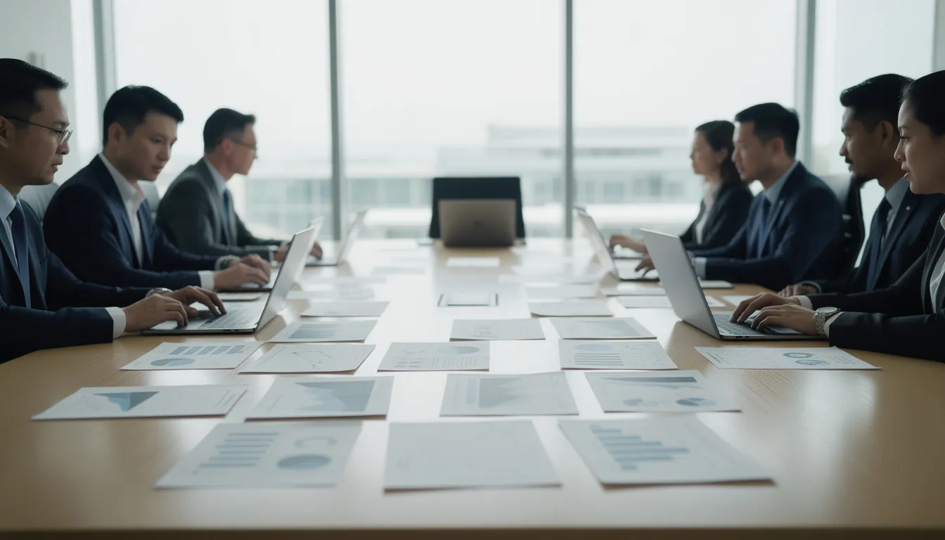 Une réunion professionnelle se déroule autour d'une table, où des documents liés à la fiscalité et à l'expatriation sont étalés. Les participants discutent des implications de l'exit tax et des plus-values latentes lors d'un départ vers Dubaï ou les Émirats arabes unis.