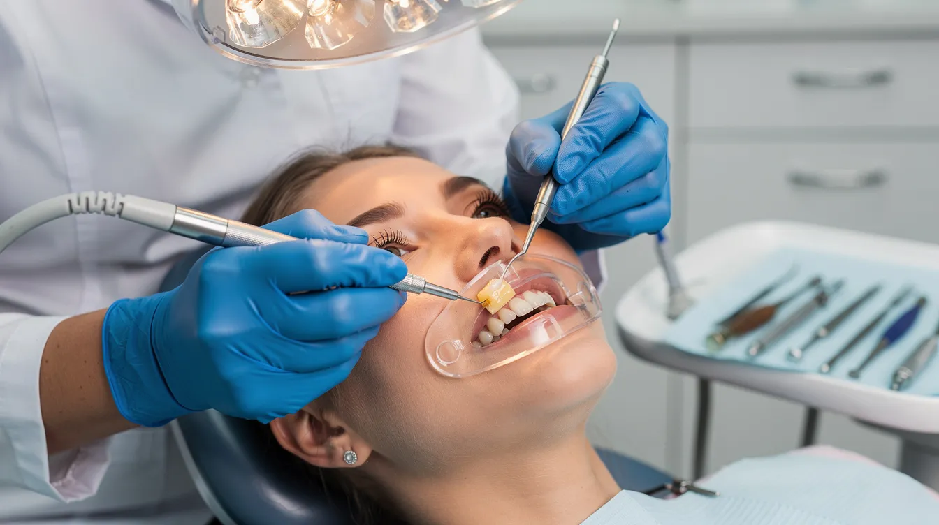 A dental professional is applying tooth-colored resin to repair a small chip on a front tooth, showcasing a common cosmetic dentistry procedure aimed at restoring the tooth's natural appearance. This cosmetic treatment helps enhance overall oral health and contributes to an aesthetically pleasing smile.