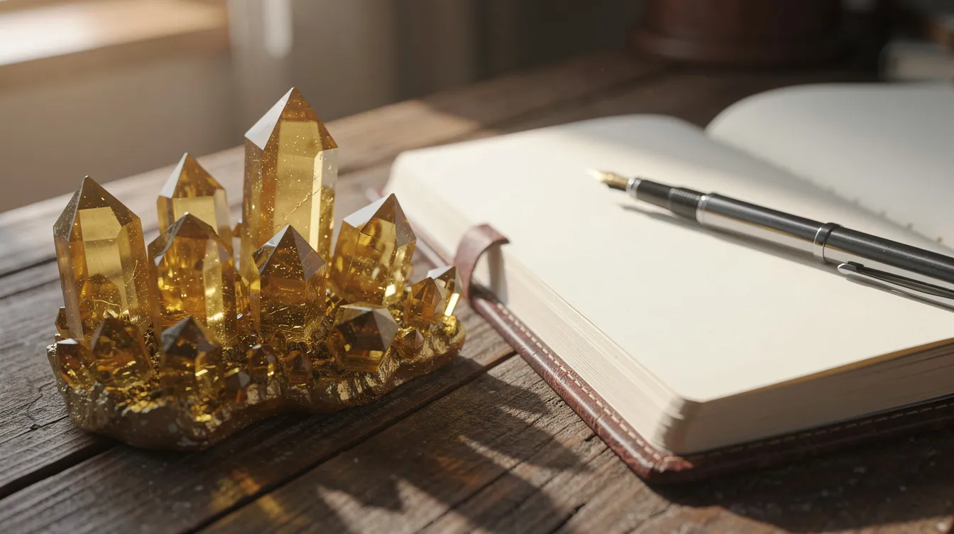 The image features golden crystals, including various types of goldstone, arranged neatly on a wooden desk beside a journal and a pen. These decorative materials are believed to possess healing properties and promote positive energy, making them ideal for enhancing emotional stability and spiritual growth.
