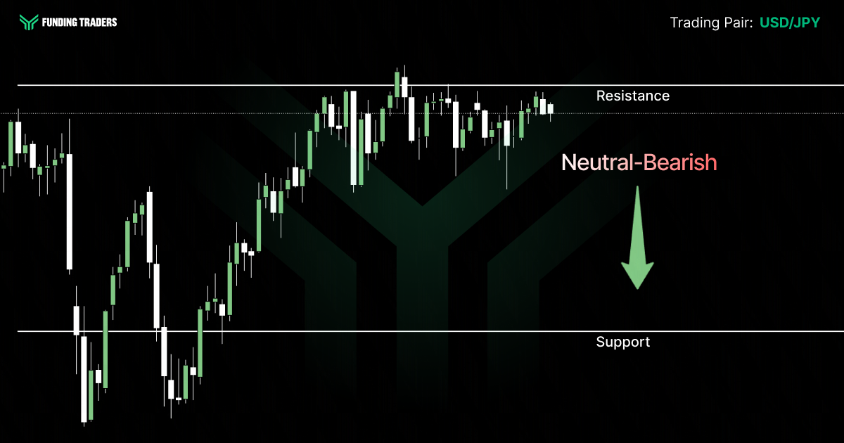 USD/JPY candlestick chart from Funding Traders showing price rallying from a support level up to a resistance zone, where it has been consolidating and struggling to break higher. A downward green arrow labeled "Neutral-Bearish" in red and green text warns of a potential pullback, suggesting the pair may fade from resistance back toward support.