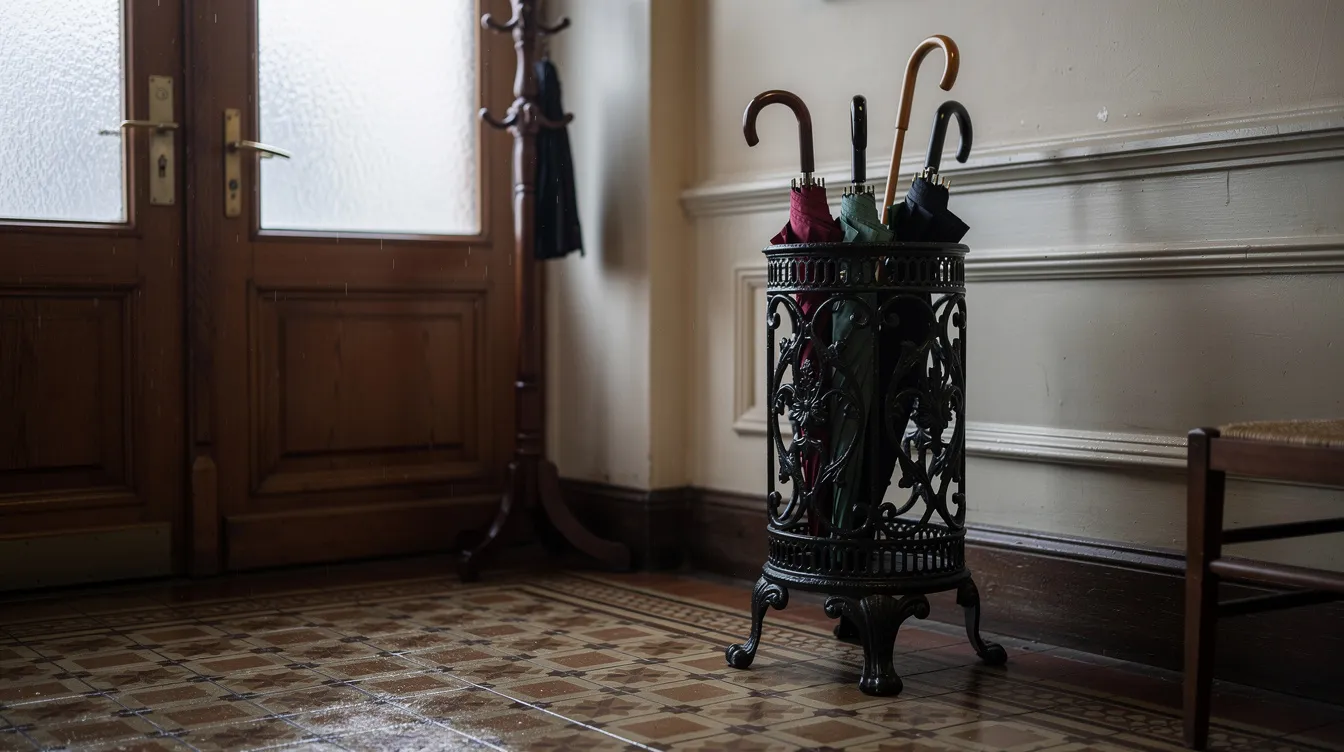 En klassisk gjutjärnsställ för paraplyer står i en sekelskiftesentré, där det gör det enkelt att hålla ordning på blöta paraplyer. Stället har en svart färg och passar perfekt in i hallens stil och inredning.