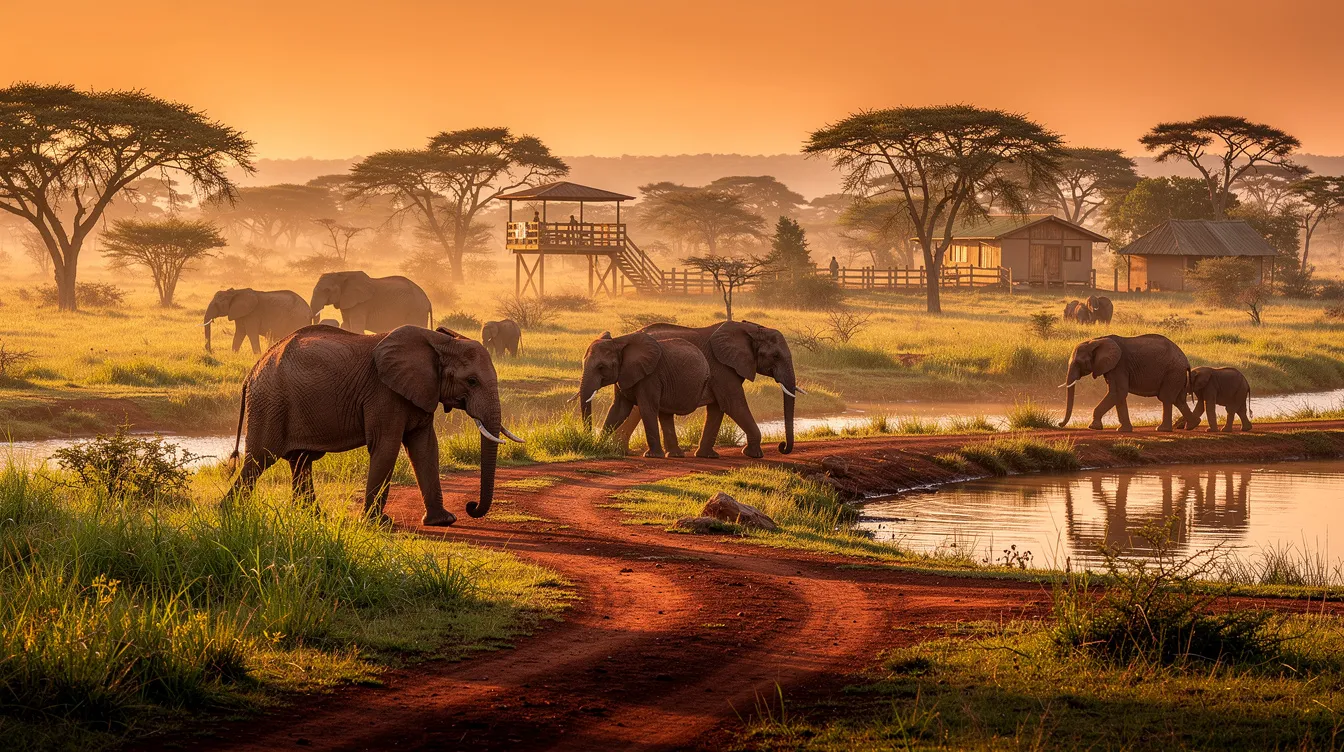 Imagem de um santuário de elefantes na Tailândia, onde os animais são cuidados em um ambiente natural e acolhedor. O cenário inclui elefantes interagindo com visitantes, proporcionando uma experiência única de conexão com a vida selvagem.