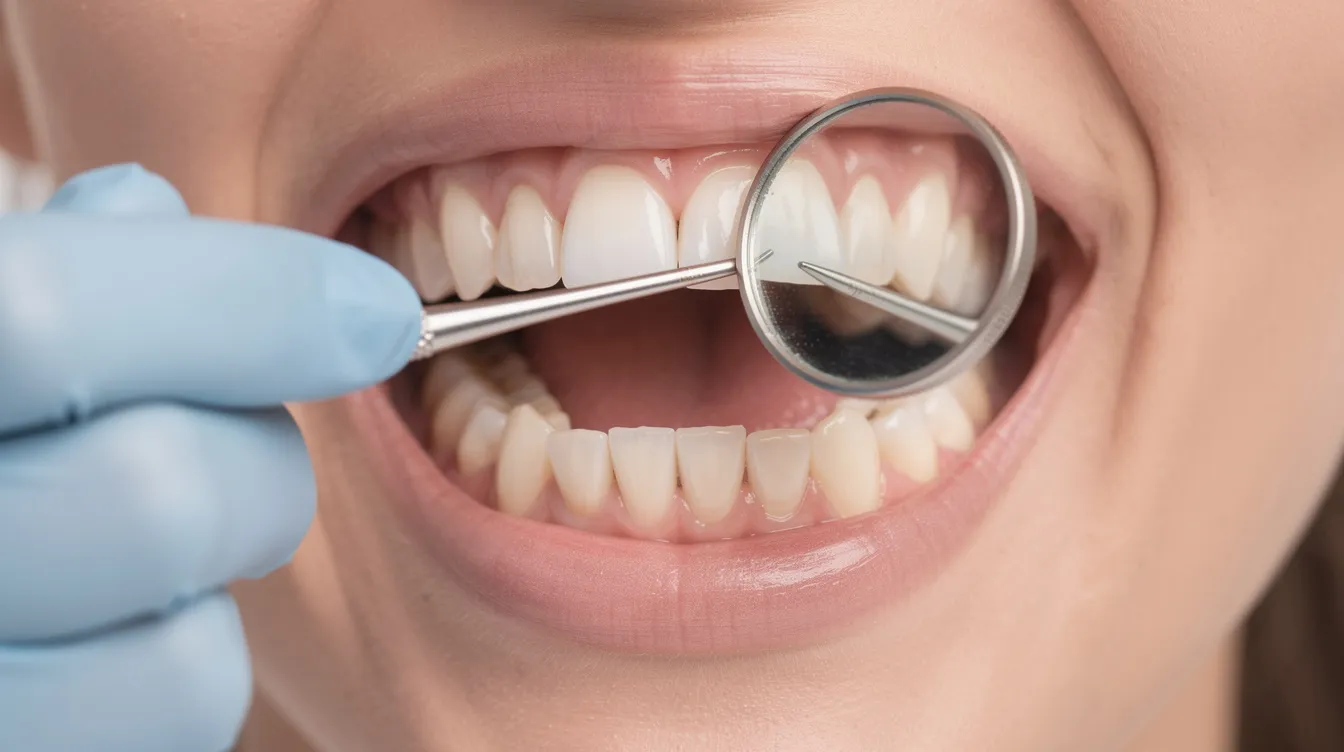A dental hygienist is closely examining a patient's mouth using a small dental mirror and probe, highlighting the detailed preventive care process essential for maintaining optimal oral health. This routine check-up is vital for early detection of potential issues like tooth decay and gum disease, ensuring a healthy smile and overall well-being.