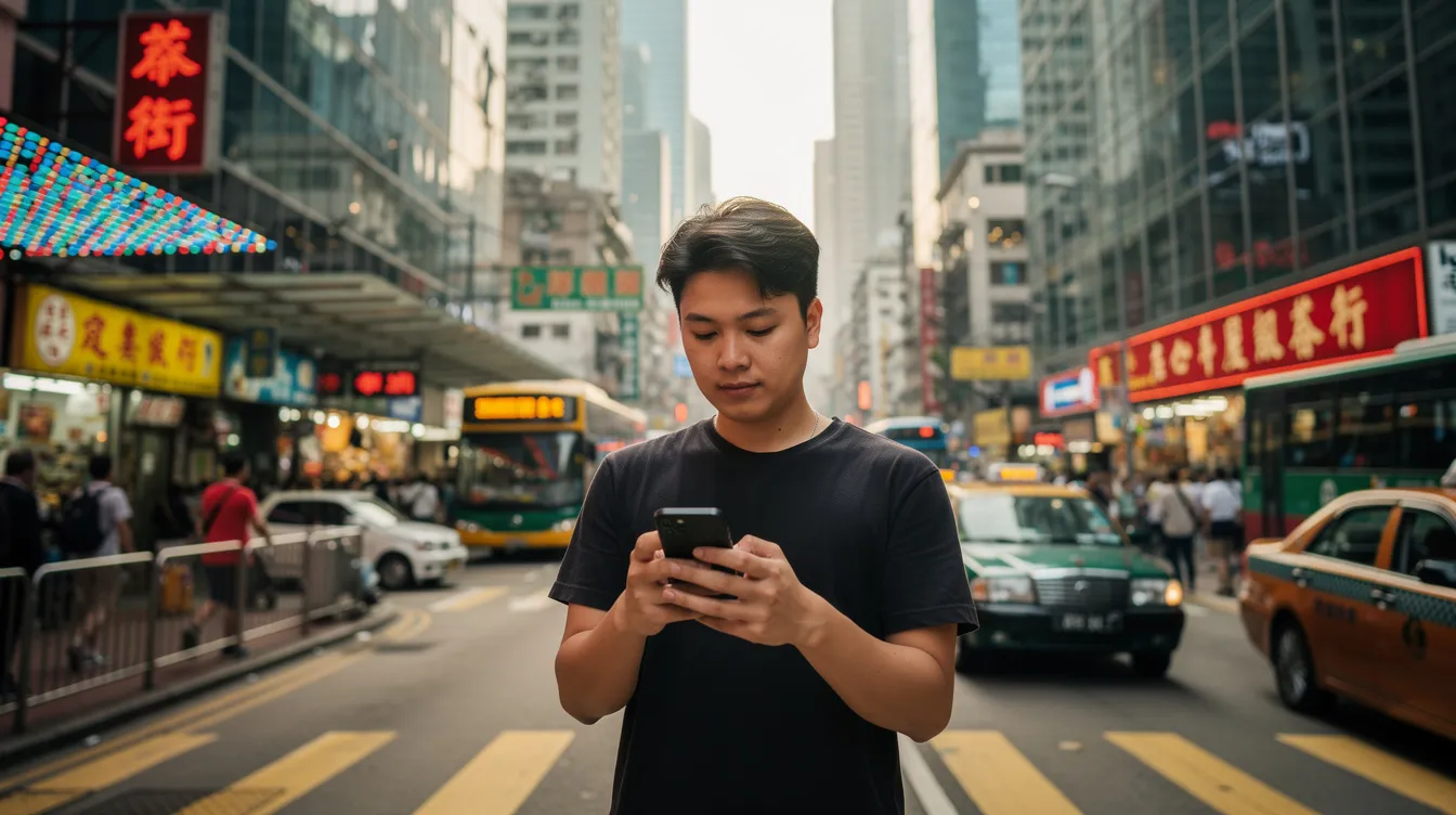 A person is seen using a smartphone in a bustling modern street of Hong Kong, with impressive skyscrapers towering in the background. The scene captures the essence of urban life, reflecting the integration of financial technology and online loan options available in the city.