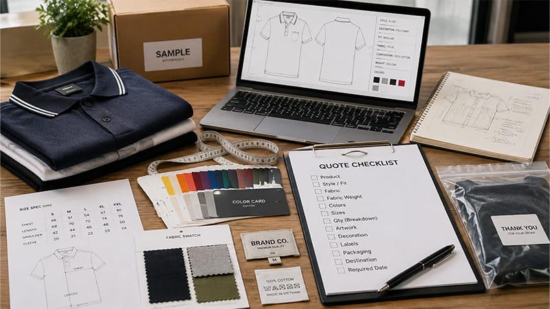 Clothing manufacturer quote checklist with garment specifications, fabric, colors, sizes, artwork, and packaging