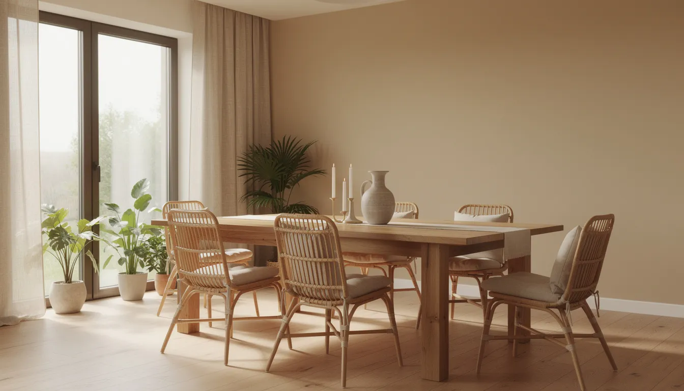 Een warm ingerichte eetkamer met elegante rotan eetkamerstoelen rondom een massief houten eettafel, verlicht door natuurlijk licht dat door grote ramen naar binnen stroomt. De combinatie van natuurlijke materialen en de ambachtelijke uitstraling creëren een sfeervolle en comfortabele eethoek.