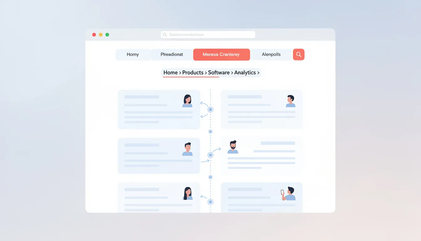 The image illustrates a website's architecture featuring logical navigation and breadcrumbs, enhancing user journeys and improving organic search traffic. This design aids in search engine optimization by providing a clear structure for search engines to index pages effectively.