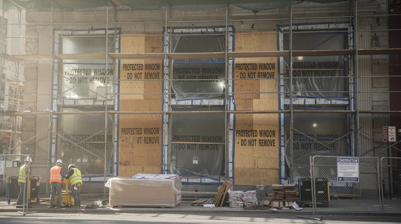The image depicts a construction site where glass windows are protected by a clear window protection film during renovation work. The protective film covers the edges of the windows, ensuring they are shielded from debris and mortar stains while allowing light to filter through.