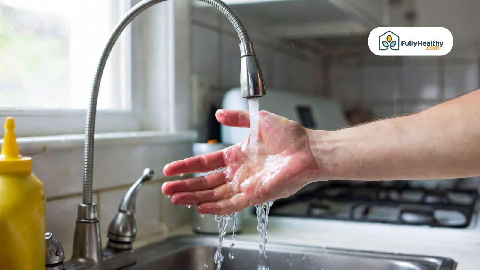 Person cooling a mild hand burn under running water in kitchen sink.