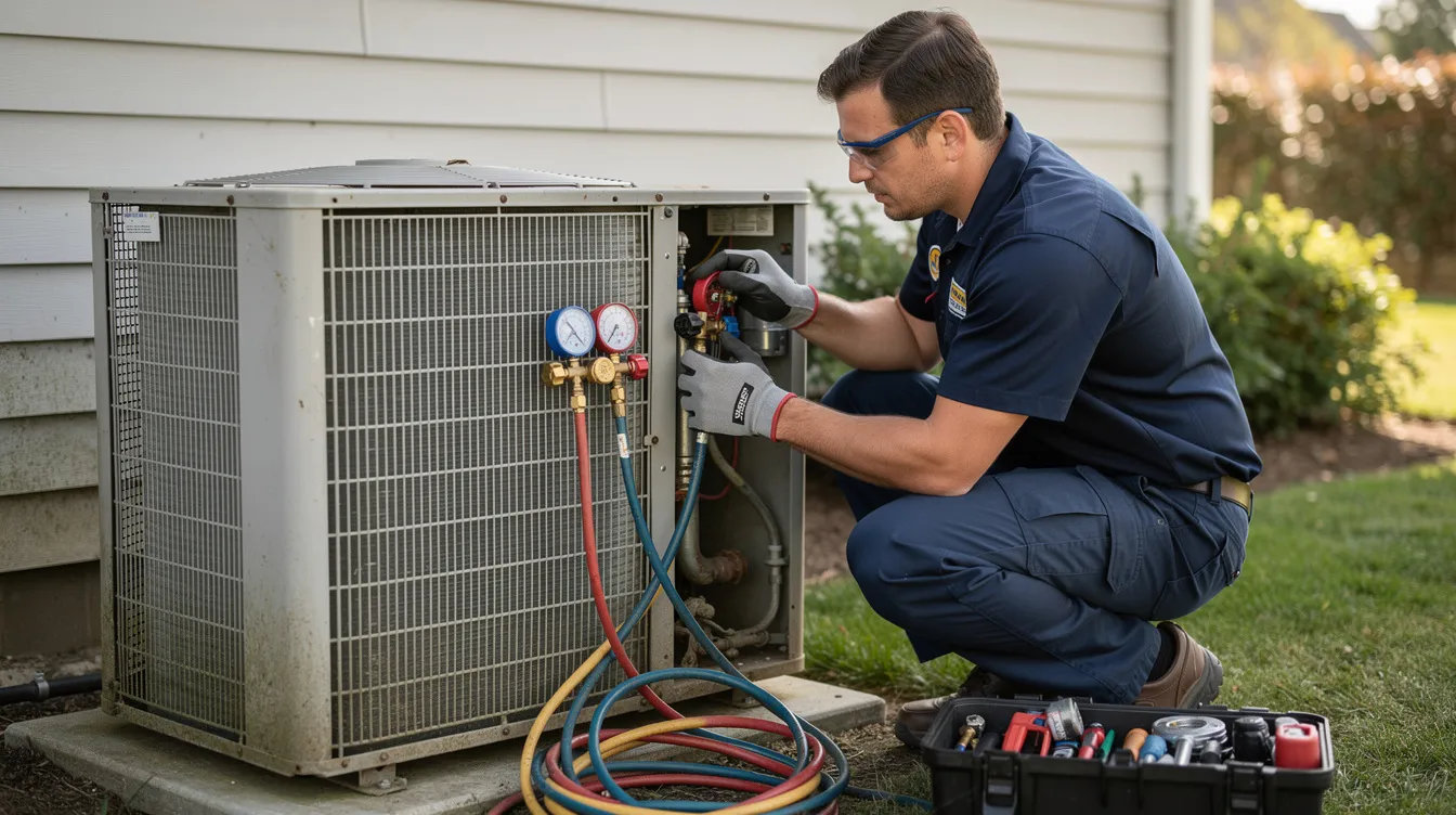 An HVAC technician in uniform is diligently working on air conditioning equipment, showcasing their technical skills and unwavering commitment to ensuring comfort and efficiency. The technician's focus and discipline reflect their professional experience and dedication to the job.