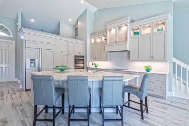 Recessed light fixtures in indoor space of a house. 