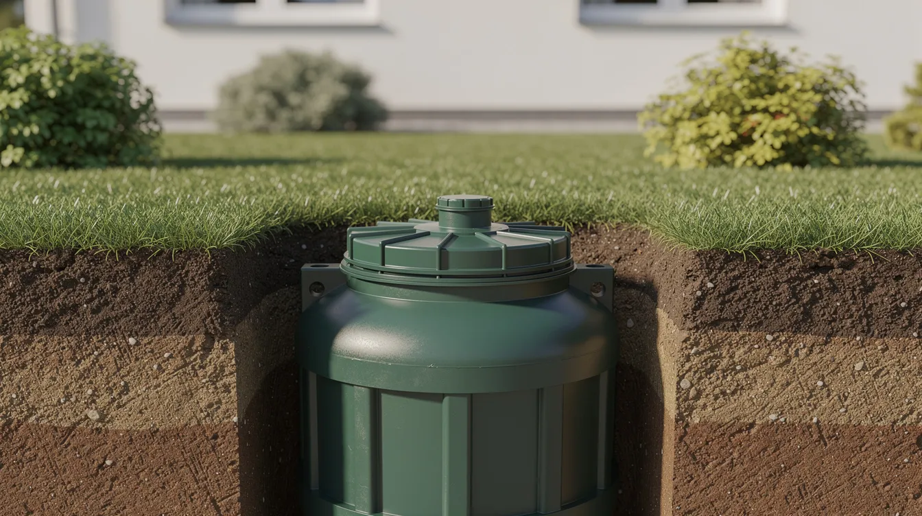 Une cuve enterrée en polyéthylène, utilisée pour la récupération d'eau de pluie, est installée dans un jardin résidentiel, entourée d'une pelouse verte. En surface, un regard d'accès est visible, permettant de surveiller le système de stockage de l'eau de pluie.