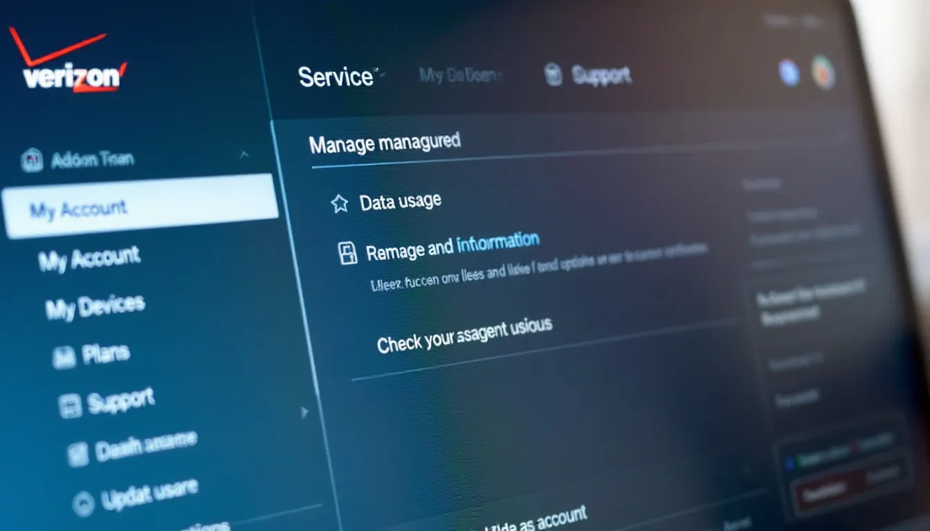 The image displays a Verizon account dashboard featuring various service management options for home internet service, such as plan details, billing information, and options to cancel or disconnect Verizon Fios services. Users can easily navigate through the interface to manage their account and access information related to their internet access and streaming services.