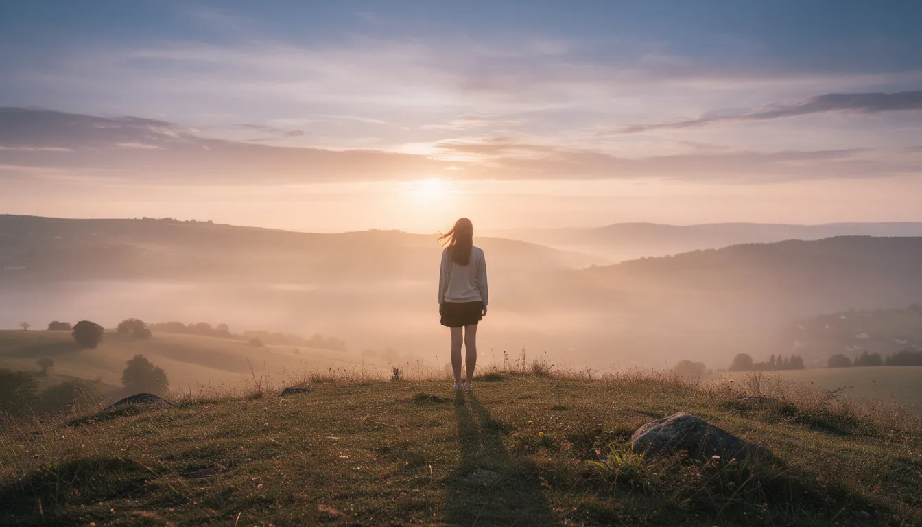 A person stands alone on a hilltop at sunrise, embodying a sense of peace and hope as they gaze toward the horizon, symbolizing personal growth and the journey to overcome codependency. This serene moment reflects the importance of self-care and setting healthy boundaries for emotional well-being.