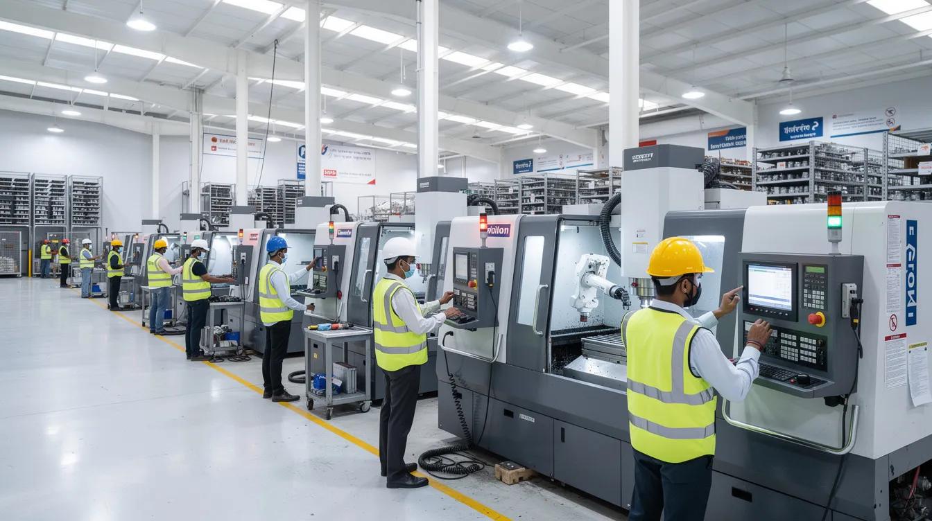 The image depicts an Indian manufacturing facility bustling with activity, where workers are skillfully operating modern machinery. This environment reflects the entrepreneurial journey and the potential for generating business ideas through innovation and the efficient use of resources in response to market demand.