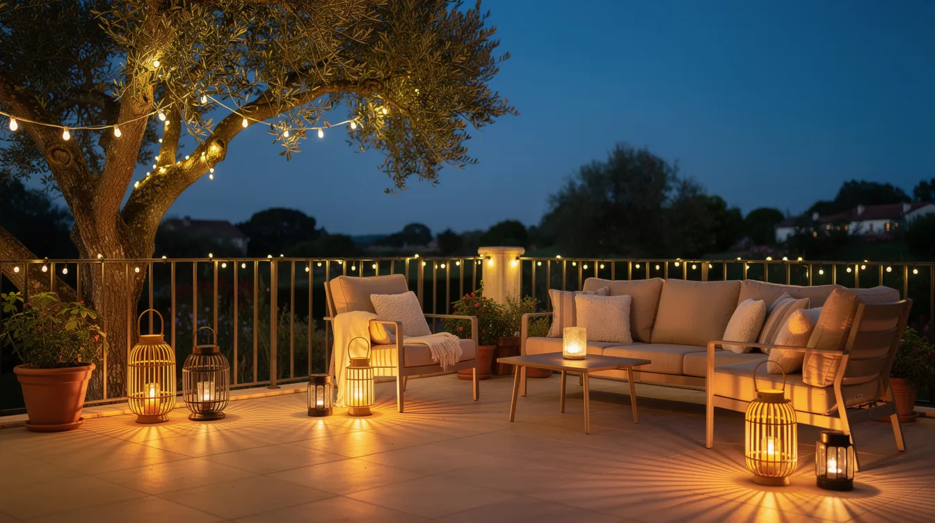 Die Abendszene auf der Terrasse zeigt mehrere leuchtende Solarlaternen in unterschiedlichen Größen, die eine gemütliche Atmosphäre schaffen. Eine Lichterkette hängt in einem Baum und die stilvollen Lounge-Möbel laden zum Entspannen an warmen Sommerabenden ein.