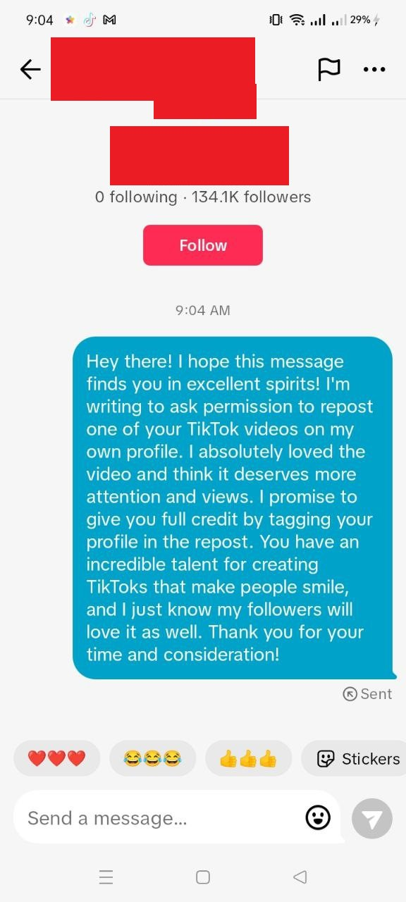 send a permission message : How to Repost on TikTok 