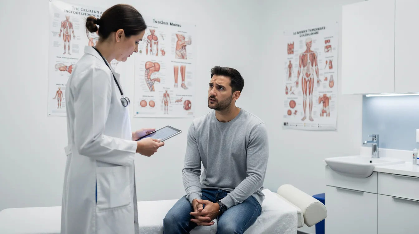 A male patient is sitting on an examination table in a clinical room, discussing his health concerns with a doctor. The consultation may involve topics such as inverted nipples and potential treatment options, including both surgical and non-surgical approaches.