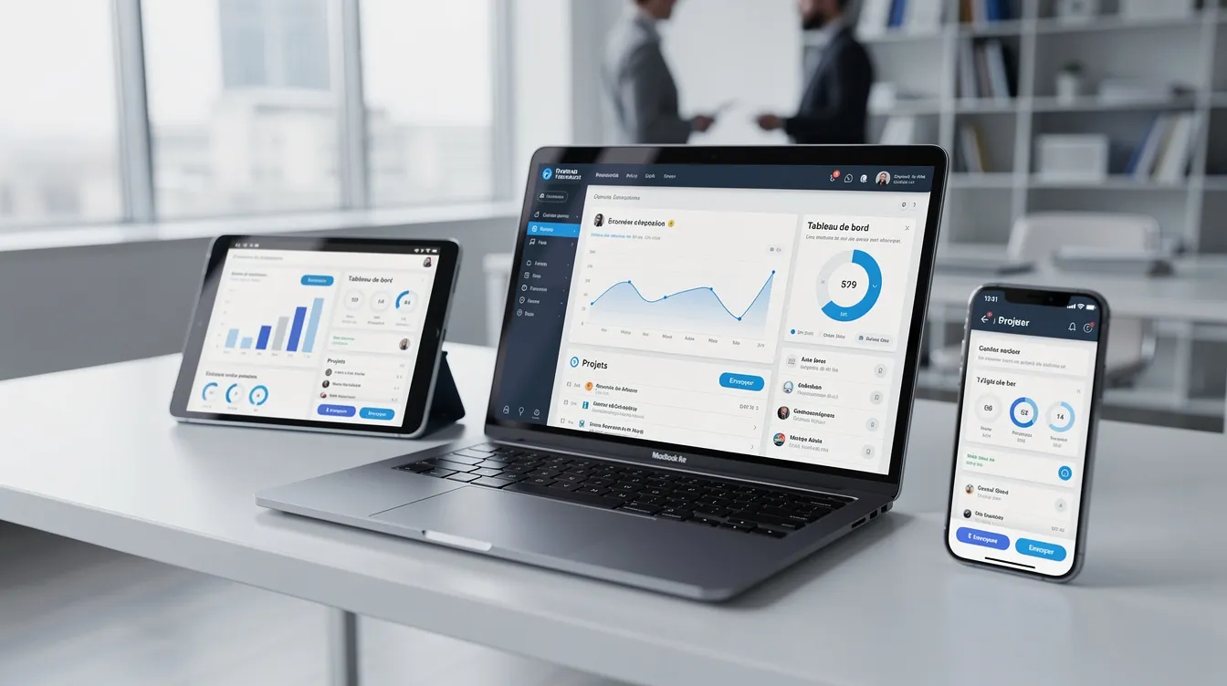Laptop, tablet and phone showing invoicing interfaces in an office.
