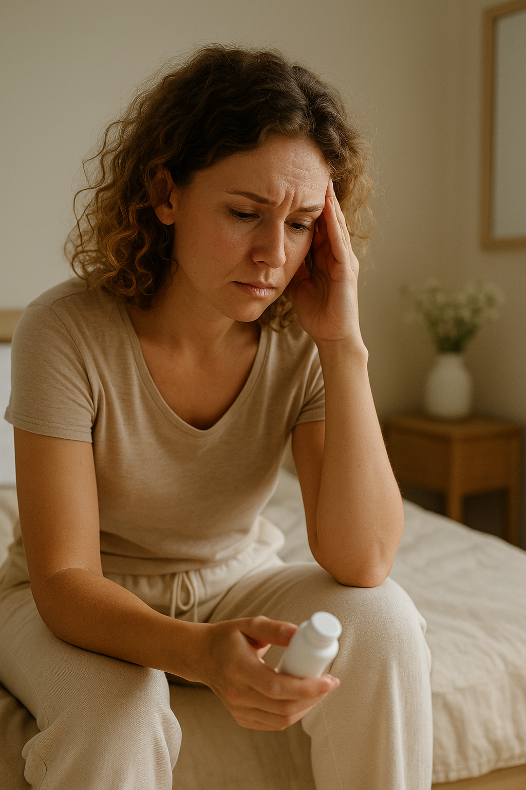 A young woman seated on a bed, holding a personal care product, looking uncertain—representing frustration with sensitive skin reactions