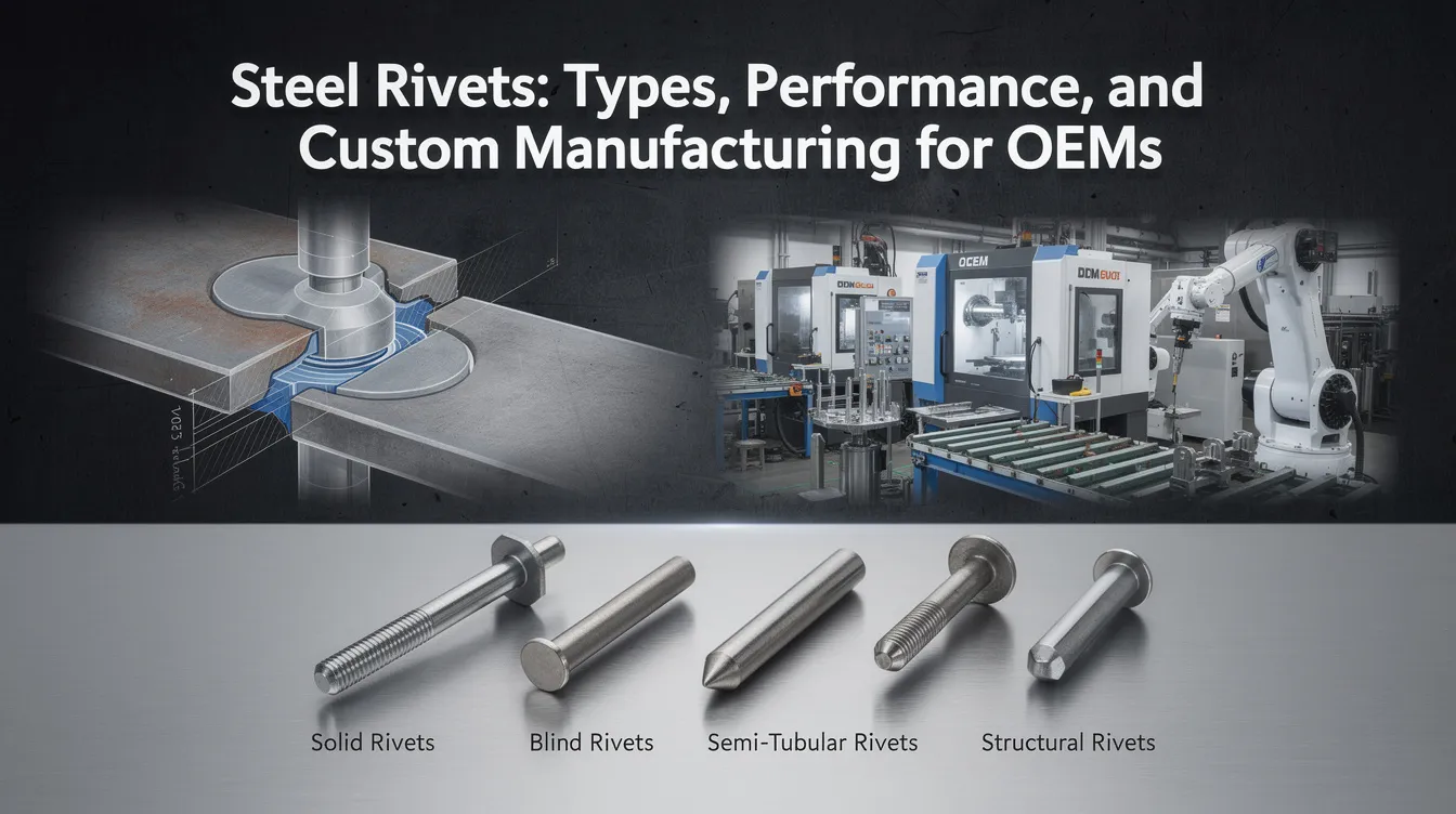 The image showcases various types of steel rivets designed for automotive applications, illustrating their unique heads and pre-drilled holes for easy installation. It emphasizes the importance of matching the right rivet to a project, providing access to custom manufacturing options for OEMs.
