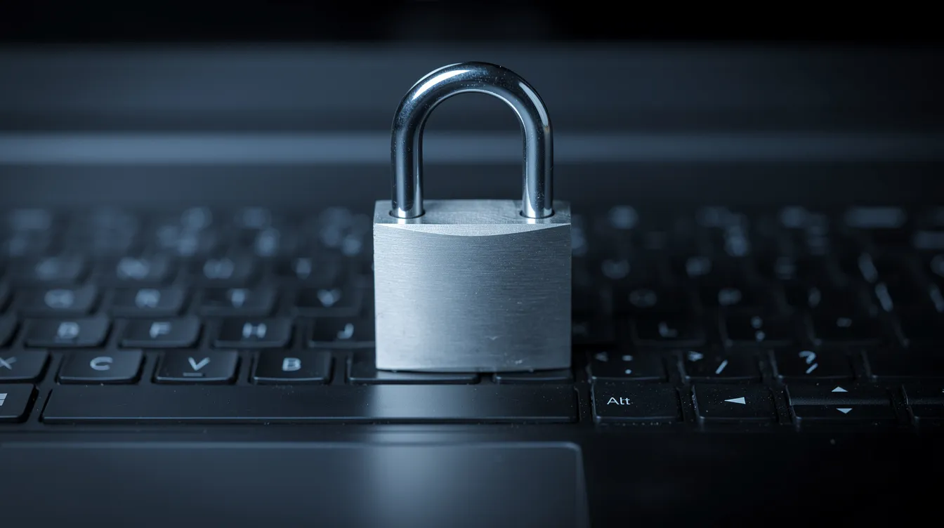 A padlock is resting on a laptop keyboard illuminated by soft blue lighting, symbolizing security in online money transfers. This image conveys the importance of safeguarding bank account details when sending money to Pakistan or conducting international wire transfers.