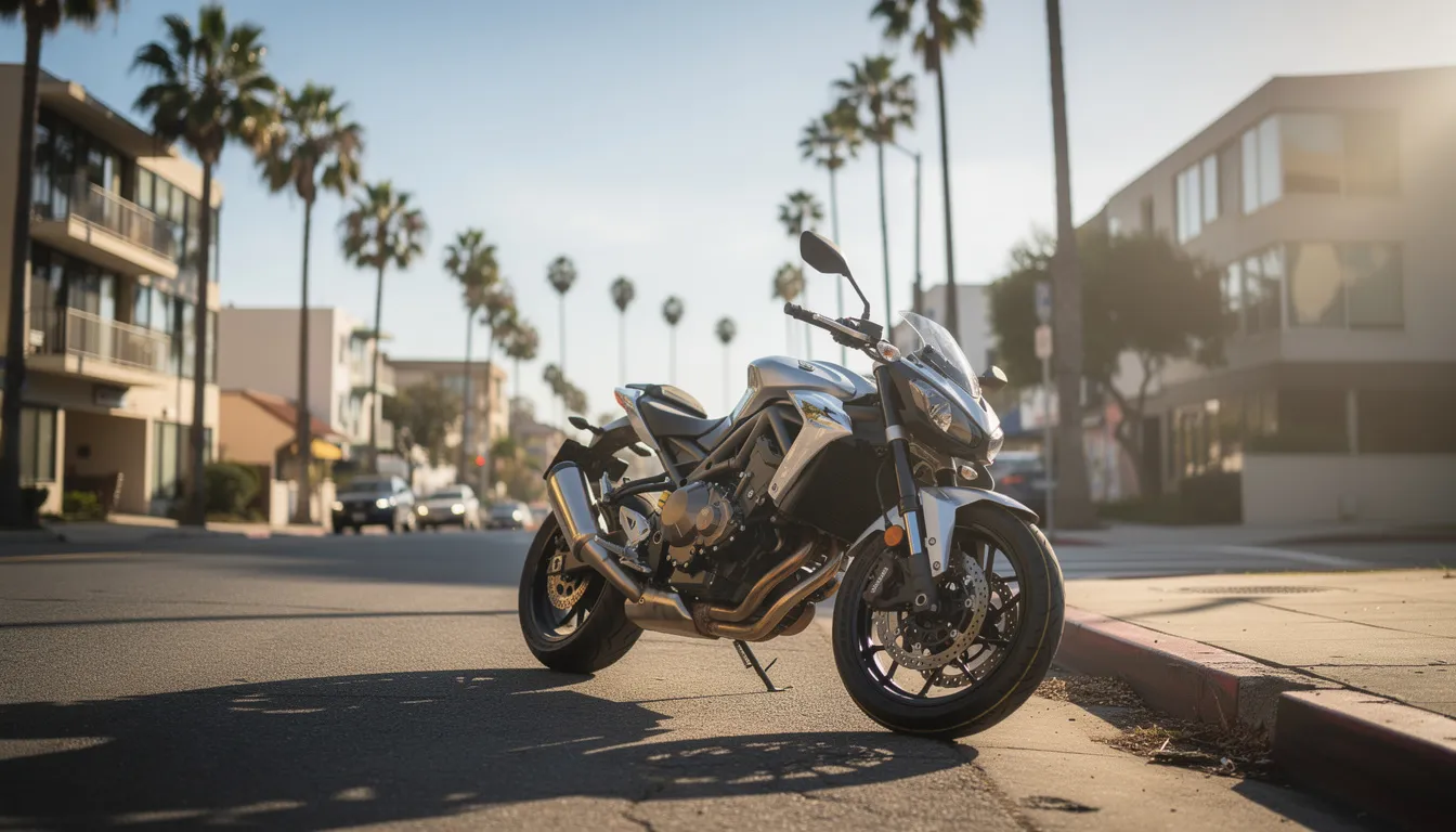 A motorcycle is parked on a sunny California urban street, surrounded by palm trees, creating a vibrant scene typical of the region. This image captures the essence of motorcycle culture in Santa Ana, where riders enjoy the open roads while being mindful of the potential risks and motorcycle accident claims that can arise.
