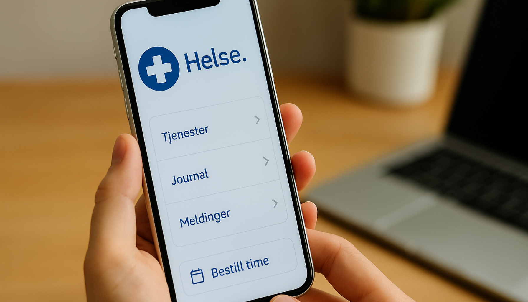 Person bruker smarttelefon for å få digital tilgang til helsetjenester hjemmefra.