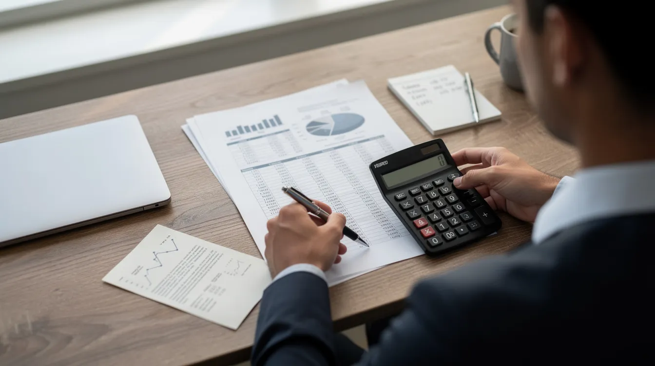 A person is seated at a wooden desk, reviewing financial documents while using a calculator, indicating a focus on loan applications and repayment plans. The scene conveys the importance of understanding terms like "年 利率" and "貸款 額" in managing personal finances effectively.