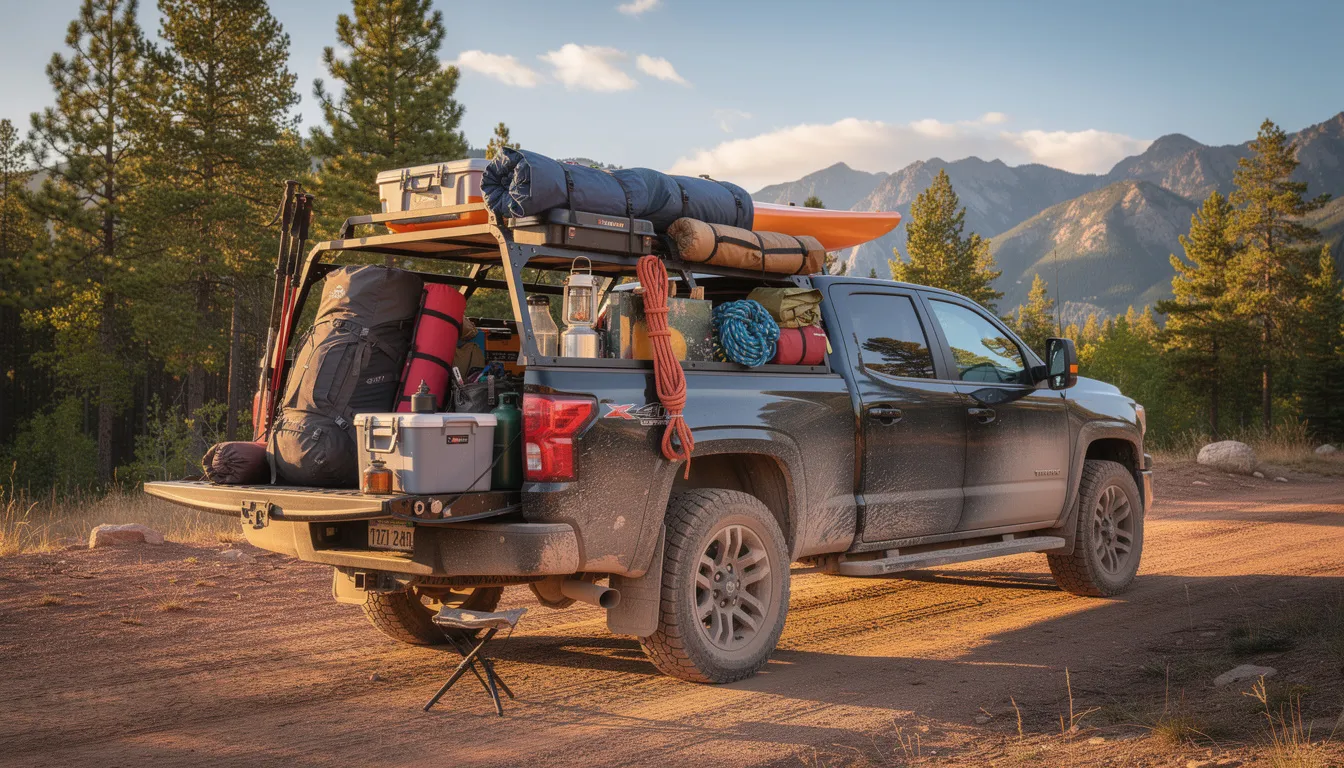 A Chevy Colorado truck is loaded with various camping gear and outdoor equipment, showcasing its impressive cargo capacity. The truck's bed, designed for versatility, is equipped with several accessories to secure items, making it ideal for outdoor adventures.
