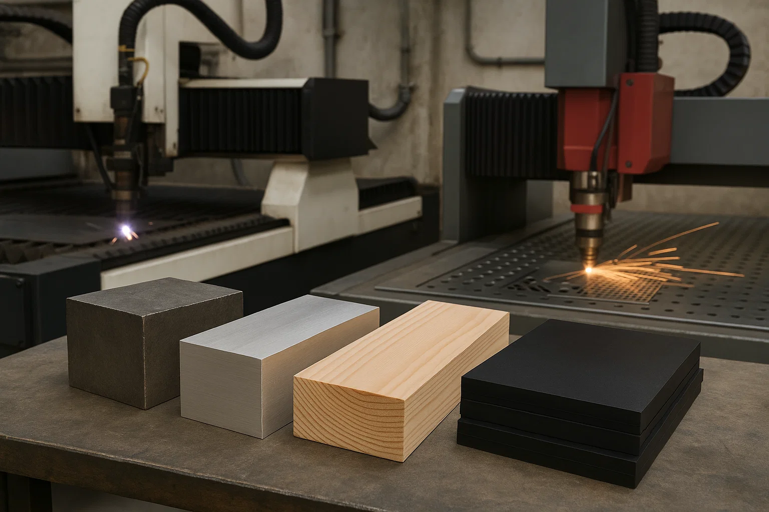 Different materials including steel, aluminium, and plastic beside CNC and laser cutting machines demonstrating flexibility.