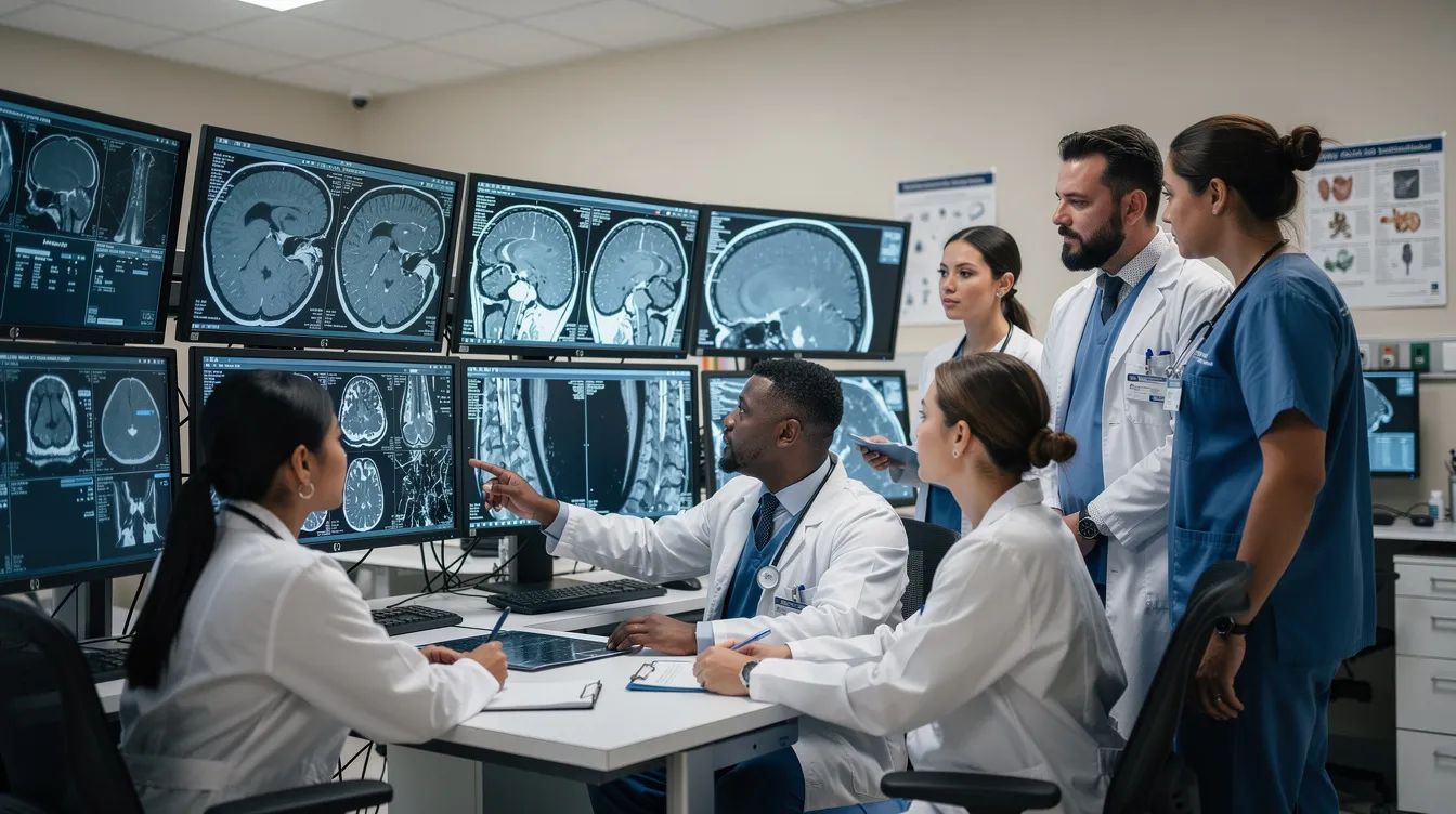 fab9ca6a 9922 472e 853f 7a9ca358bd5c In a radiology department, medical professionals are intently reviewing diagnostic scan images on computer screens, utilizing advanced medical imaging technology to ensure thorough diagnostic check-ups for patients. The scene highlights the importance of diagnostic services in healthcare, emphasizing the role of medical equipment in facilitating accurate diagnoses.