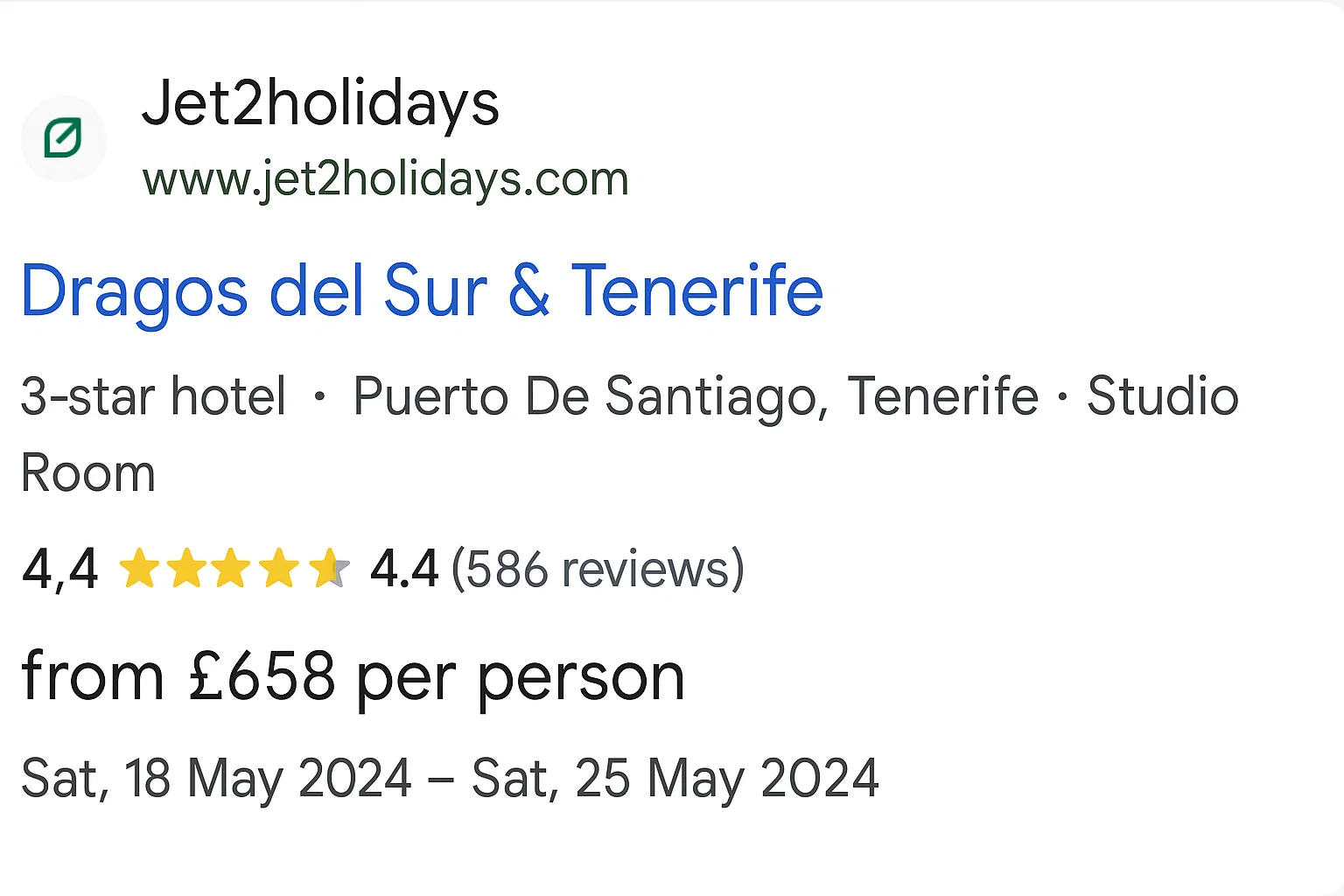 Jet2 result in Google with structured data showing star rating and pricing.