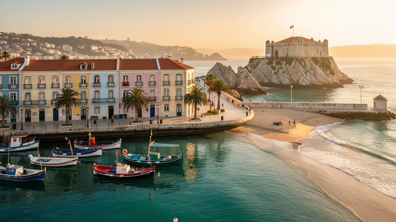 A imagem retrata a bela cidade de Cascais, em Portugal, com destaque para a Praia da Rainha e o mar azul ao fundo. Pode-se ver o farol de Santa Marta e a Serra de Sintra ao longe, proporcionando uma vista deslumbrante do litoral português.