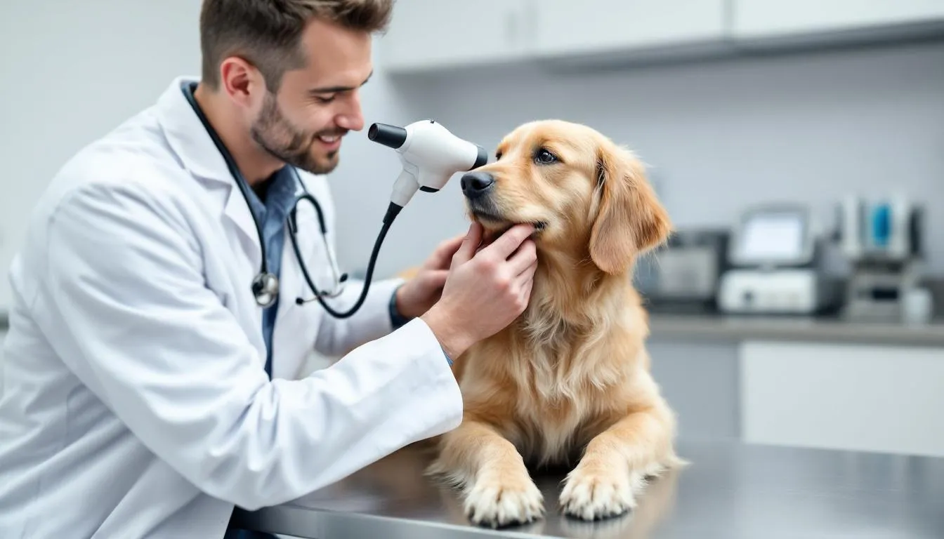 A veterinarian is examining a golden retriever