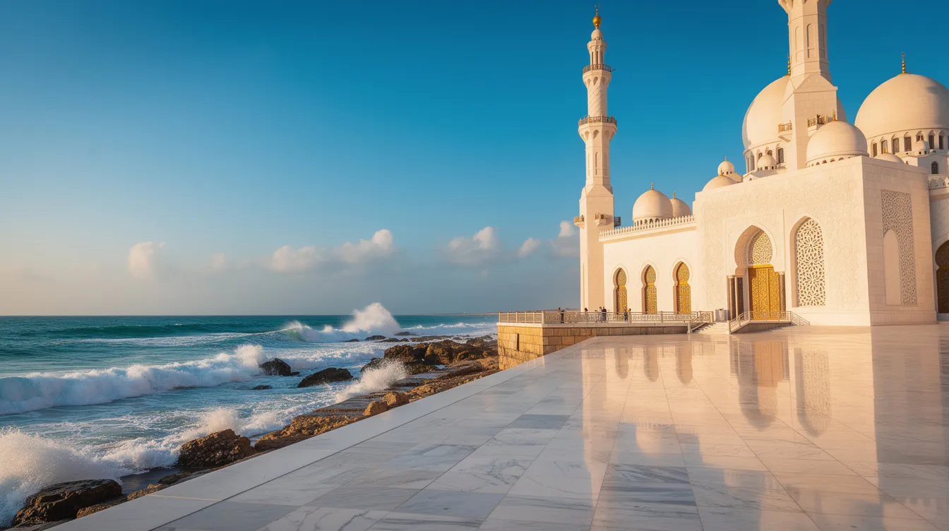 La imagen muestra una gran mezquita al borde del océano, con un cielo azul despejado y olas rompiendo suavemente en la orilla. Este impresionante lugar, que es parte del patrimonio de la humanidad, se encuentra en un hermoso destino en Marruecos, ideal para aquellos que desean explorar el país y disfrutar de su rica cultura.