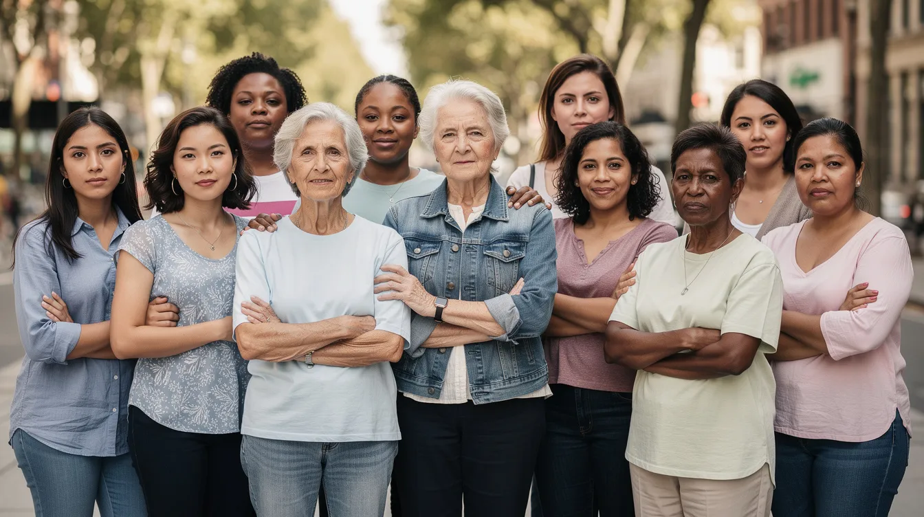 A diverse group of women of various ages and backgrounds stands together outdoors, united in their determination to promote gender equality and address important issues affecting women, such as gender-based violence and discrimination. Their solidarity symbolizes the ongoing fight for women's rights and equal access to opportunities.