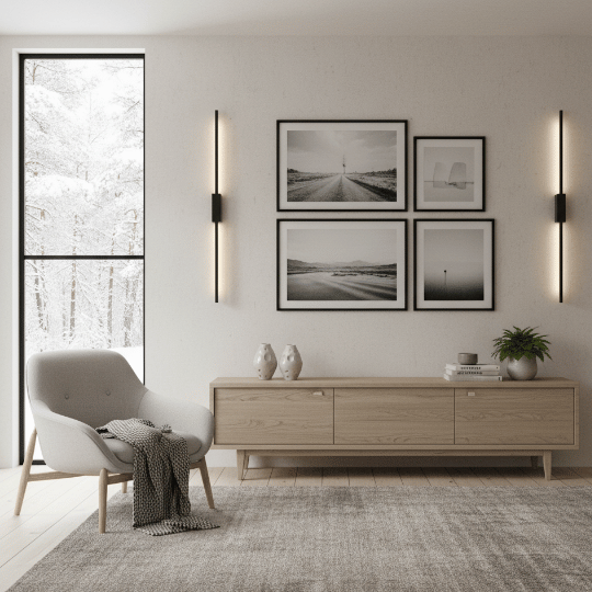 Slim vertical wall lights illuminating a Nordic living room showcasing Scandinavian lighting ideas.