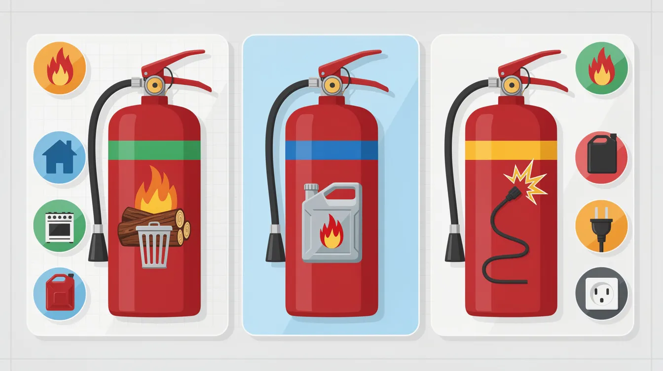 Different types of fire extinguishers including class A, B, and C for home use.