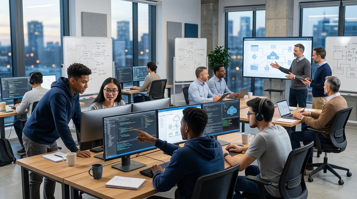 Students working in cloud-hosted virtual desktop environments alongside software professionals participating in interactive technical training.