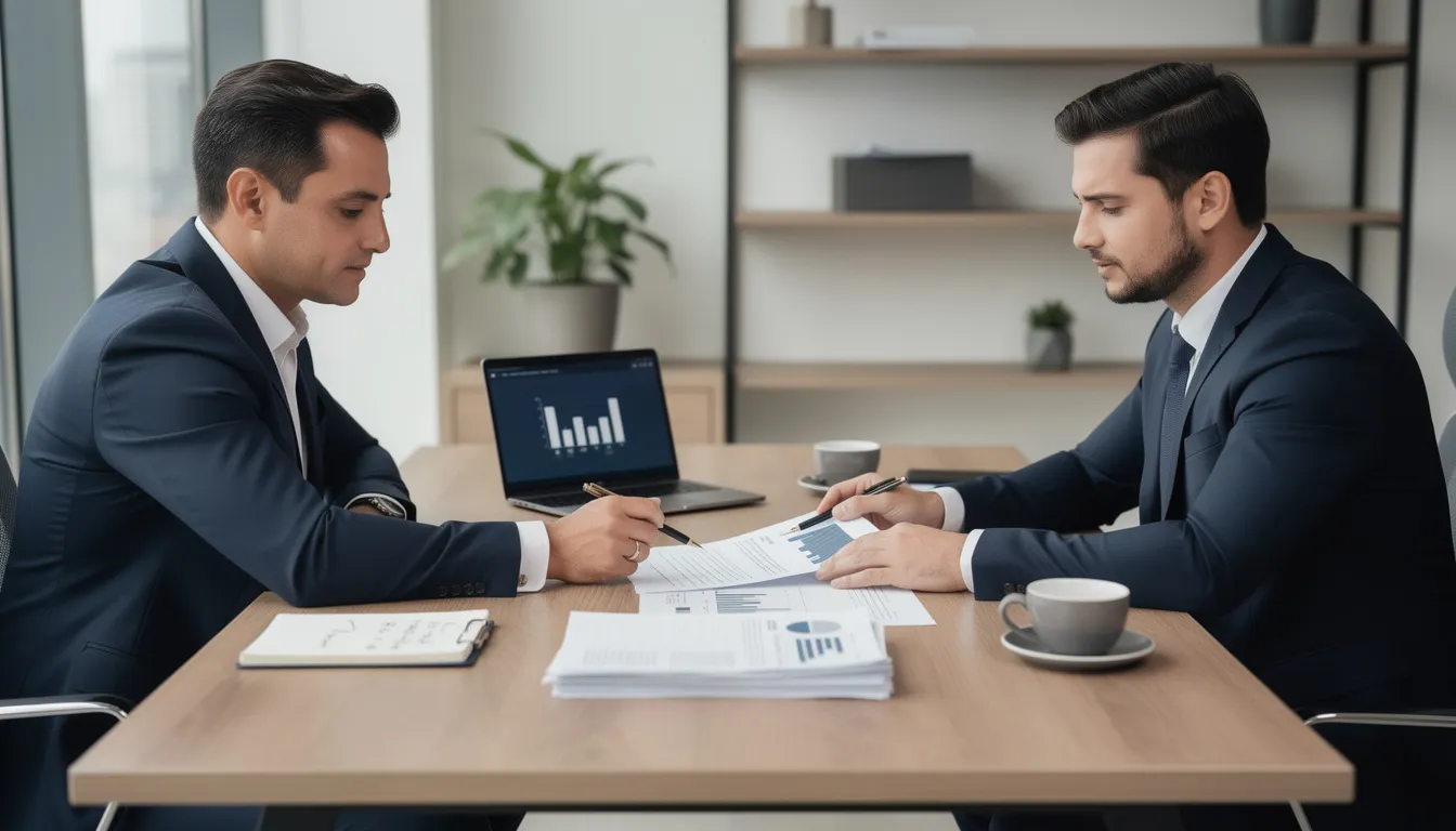A professional meeting is taking place at a desk where a client and a representative are reviewing paperwork related to workers compensation benefits, including aspects of temporary disability and medical treatment. The atmosphere is focused, with documents outlining claims and potential benefits for injured workers.