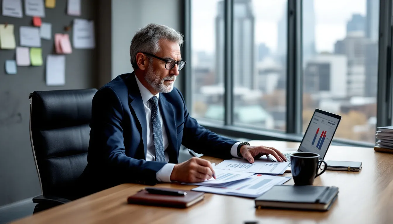 Der Arbeitgeber sitzt an einem Schreibtisch und analysiert den Jahresbericht, wobei er die Gewinnspanne und die Rentabilität des Unternehmens prüft. Auf dem Tisch liegen Dokumente mit Zahlen und Grafiken, die die finanziellen Kennzahlen wie Umsatz, Kosten und Gewinnmargen darstellen.