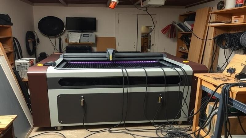 A giant laser cutter crammed into a small shop, wires and power cords tangled.