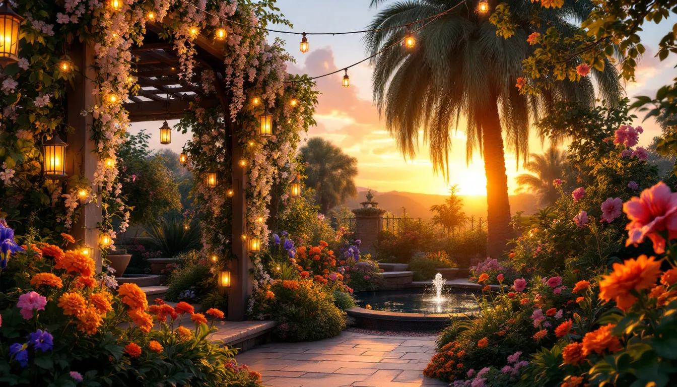 An elegantly decorated outdoor space with ambient lighting, perfect for summer evenings.