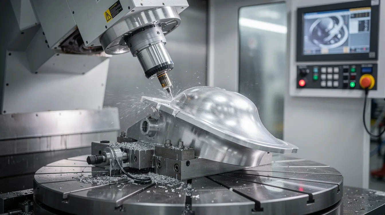 A five-axis CNC machine is shown with its spindle tilted at an angle, actively machining a complex curved metal aerospace component using rotating cutting tools. This advanced CNC technology enables high precision and intricate designs in the manufacturing process of aerospace components.