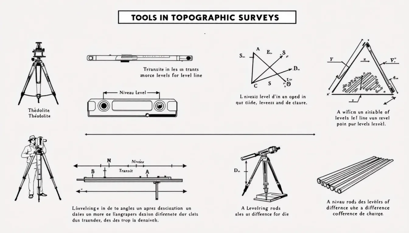 Tools and techniques used in topographic surveys.