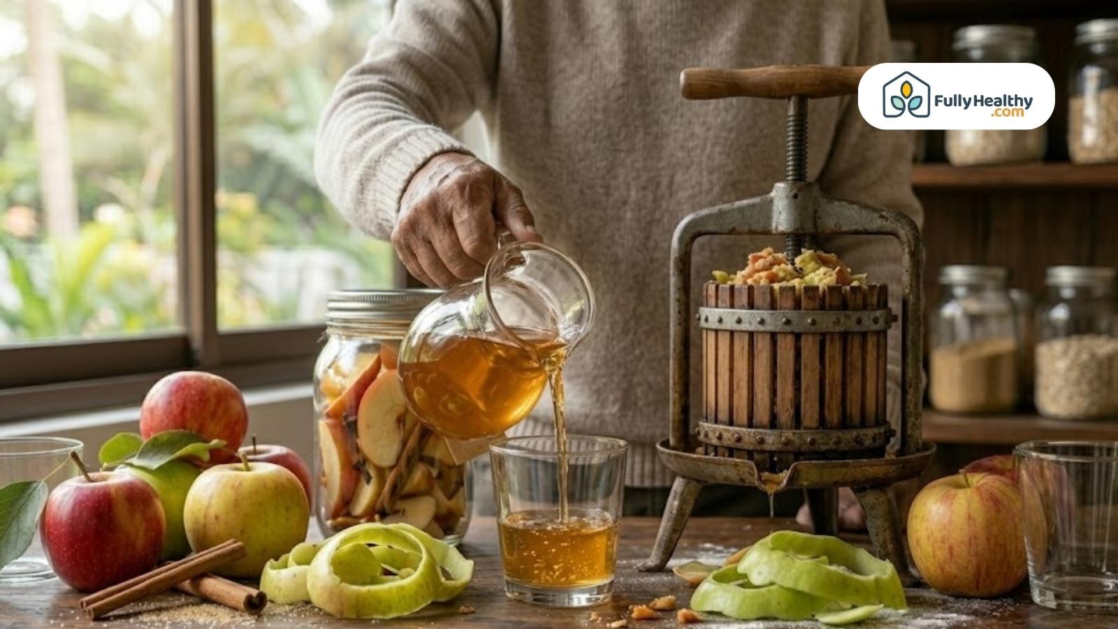Fresh apple cider poured from press into glass jar