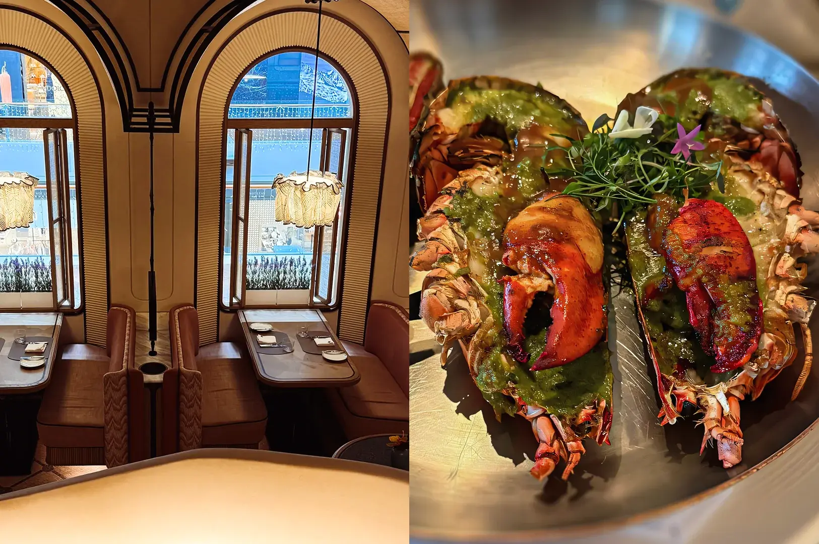 Left: Eye-level wide-angle view of an intimate dining area with curved architectural window frames, upholstered booth seating, small square tables, and warm pendant lighting that filters daylight through large windows. Right: Close-up three-quarter angle shot of a split lobster platter with vibrant red shells, exposed claws, and green herb sauce coating the meat, presented on a metallic plate with fresh garnish, emphasizing rich textures, color contrast, and glossy finish.